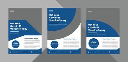 Pacote de modelo de design de folheto de programa de vacinação covid-19. folheto de vacinação de coronavírus folheto 3 em 1 desenho. pacote, 3 em 1, modelo a4, design de brochura, capa, folheto, pôster, pronto para impressão vetor