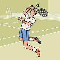 tênis homem personagem jogadoras dentro açao atleta em campo linha estilo ilustração vetor