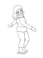 desenho animado vetor. ilustração do fofa engraçado pequeno Esportes menina em patins em inverno tempo. isolado. coloração livro página. vetor