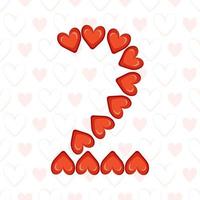 número dois de corações vermelhos em padrão sem emenda com o símbolo de amor. fonte festiva ou decoração para dia dos namorados, casamento, feriado e design vetor