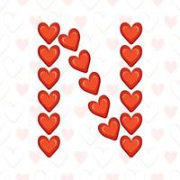 letra n de corações vermelhos em padrão sem emenda com o símbolo de amor. fonte festiva ou decoração para dia dos namorados, casamento, feriado e design vetor