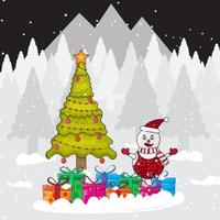 árvore de natal decorada ilustração vetorial com caixas de presente e boneco de neve no fundo da noite