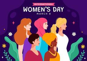 internacional mulheres dia vetor ilustração em marcha 8 para comemoro a conquistas e liberdade do mulheres dentro plano desenho animado fundo Projeto