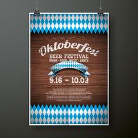 Ilustração em vetor cartaz Oktoberfest com bandeira no fundo de textura de madeira.
