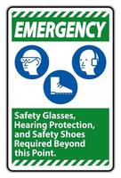 óculos de segurança para sinais de emergência, proteção auditiva e sapatos de segurança necessários além deste ponto no fundo branco vetor