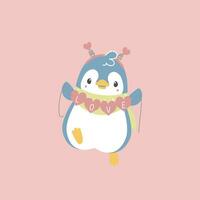 fofa e adorável pinguim com coração e amor texto, feliz dia dos namorados dia, amor conceito, plano vetor ilustração desenho animado personagem traje Projeto