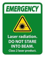 radiação laser de emergência, não olhe fixamente para o feixe, sinal de produto a laser classe 2 em fundo branco vetor