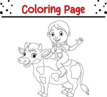 feliz pequeno menina equitação vaca coloração página vetor