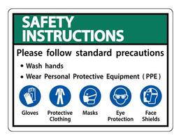 instruções de segurança, siga as precauções padrão, lave as mãos, use equipamento de proteção pessoal ppe, luvas, roupas de proteção, máscaras, proteção para os olhos, proteção facial vetor