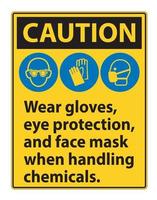 cuidado, use luvas, proteção para os olhos e sinal de máscara facial isolados no fundo branco, ilustração vetorial eps.10 vetor