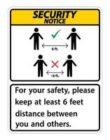 aviso de segurança mantenha 6 pés de distância, para sua segurança, por favor, mantenha pelo menos 6 pés de distância entre você e outras pessoas. vetor
