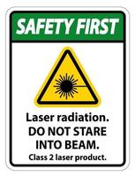 radiação de laser de segurança primeiro, não olhe fixamente para o feixe, sinal de produto a laser classe 2 em fundo branco vetor