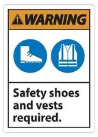 sinal de aviso, sapatos de segurança e colete necessários com símbolos de ppe em fundo branco, ilustração vetorial vetor