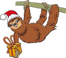 desenho animado animal preguiça com presente na época do Natal vetor