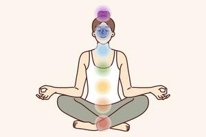 meditando mulher senta dentro lótus posição e faz ioga, sentindo-me alterar dentro aura e surto do vitalidade. menina usa ioga práticas para aberto Sete chakras este afeto saúde e psicológico Estado vetor