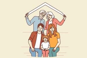 ampla feliz família do aposentado pais e milenar crianças com netos debaixo cobertura do casa vetor