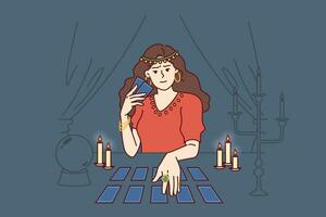 adivinho mulher detém tarot cartões prevendo futuro e realizando mágico ritual vetor