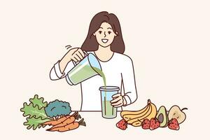 mulher bebidas dieta batido fez dentro liquidificador a partir de orgânico frutas e legumes com saudável vitaminas vetor