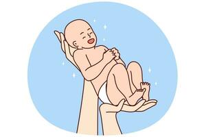 close-up de mãos segurando um lindo bebê recém-nascido sorridente. pai com criança infantil animado com a paternidade. conceito de parto. ilustração vetorial. vetor