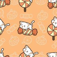 gatos e doces padrão sem emenda no dia de halloween vetor
