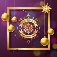 Feliz Natal e feliz ano novo ilustração com tipografia e bolas de vidro de ouro sobre fundo roxo. Vector Design de férias para cartões, banner, cartaz, presente.