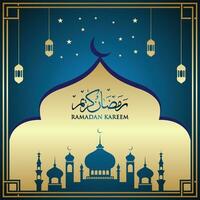 ramadan kareem design islâmico lua crescente e silhueta de cúpula de mesquita com padrão árabe e caligrafia vetor