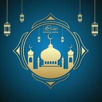 ramadan kareem design islâmico lua crescente e silhueta de cúpula de mesquita com padrão árabe e caligrafia vetor