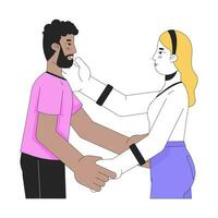 interracial heterossexual amantes abraço 2d linear desenho animado personagens. afetuoso namorados isolado linha vetor pessoas branco fundo. íntimo vínculo relação cor plano local ilustração