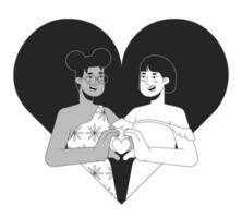 lésbica mulheres encontro alma gêmea 14 fevereiro Preto e branco 2d ilustração conceito. namorados dia gay fêmea desenho animado esboço personagens isolado em branco. juntos amor metáfora monocromático vetor arte