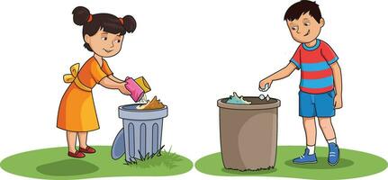 menina e Garoto jogando lixo dentro latas de lixo vetor ilustração