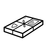 pacote caixa com amarrado fio, rótulo, e coração adesivo vetor ilustração ícone com Preto esboço isolado em branco quadrado fundo. simples plano desenho animado minimalista arte estilizado desenho.