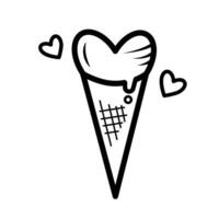 coração em forma gelo creme cone vetor ilustração ícone com Preto esboço isolado em branco quadrado fundo. simples plano minimalista arte estilizado doce Comida desenhando com namorados e amor tema.