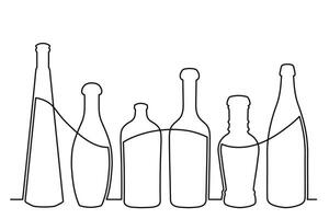 esboço desenhando do uma garrafa do diferente formas dentro a estilo do 1 sólido contínuo linha. coleção do alcoólico bebidas vetor
