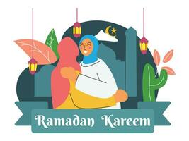 plano Projeto ilustração Ramadã kareem. muçulmano pessoas a comemorar Ramadã vetor