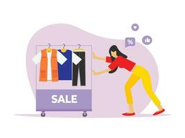 vendedoras empurrando roupas trilho com vestidos para pegue pronto acolhedor venda estação para clientes vetor