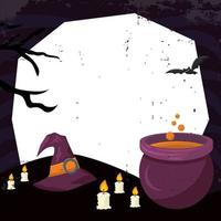 Ilustração assustadora festa de halloween com inscrição de velas de chapéu de bruxa malvada e poção mágica fervendo vetor