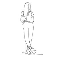 uma linha arte ilustração do uma em pé garota. contínuo linha desenhando do uma mulher posando cheio corpo. isolado em branco. vetor