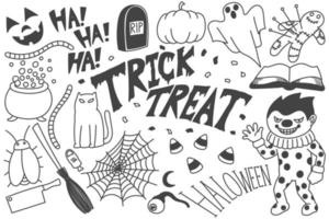 conjunto de rabiscos de halloween, desenhos de doces ou travessuras vetor