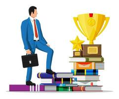 homem de negocios com troféu em pilha do livros. o negócio homem com medalha. Educação e estudar. o negócio sucesso, triunfo, objetivo ou conquista. ganhando do concorrência. vetor ilustração plano estilo