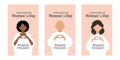 internacional mulheres s dia conceito feriado. diverso mulheres. três cartão. campanha 2024 inspirar inclusão. 8 marchar. vetor