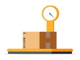 industrial carga peso escalas. peso do bens. logístico e distribuição, parcela pacote, cartão caixas. escala com caixa isolado em branco. armazém serviço, Entrega. plano vetor ilustração