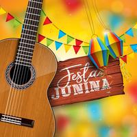 Ilustração de Festa Junina com guitarra acústica, bandeiras do partido e lanterna de papel no fundo amarelo. Tipografia na mesa de madeira Vintage. Vector Brazil June Festival Design