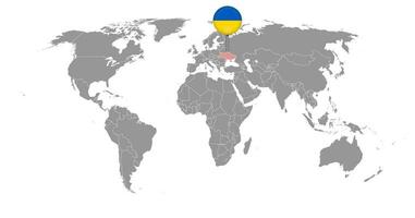 PIN mapa com Ucrânia bandeira em mundo mapa. vetor ilustração.