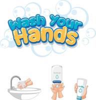 lave o design da fonte das mãos com produtos desinfetantes para as mãos isolados no fundo branco vetor