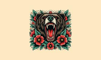 cabeça Urso com vermelho flores vetor obra de arte Projeto