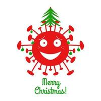 Feliz Natal. bactéria do coronavirus vermelho dos desenhos animados com bolas verdes de Natal e o abeto no topo. Isolado em um fundo branco. ilustração das ações do vetor. vetor