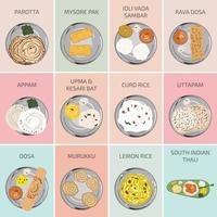 lanches do sul da Índia. dosa uttapam appam requeijão arroz upma thaali sambar vetor