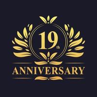 Design do 19º aniversário, luxuoso logotipo do aniversário de 19 anos em dourado vetor