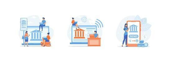 Móvel bancário e conectados pagamento, conectados bancário e contabilidade, finança digital transformação. Internet bancário 1 conjunto plano vetor moderno ilustração