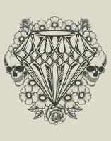 ilustração de diamante com estilo monocromático de caveira e flor vetor